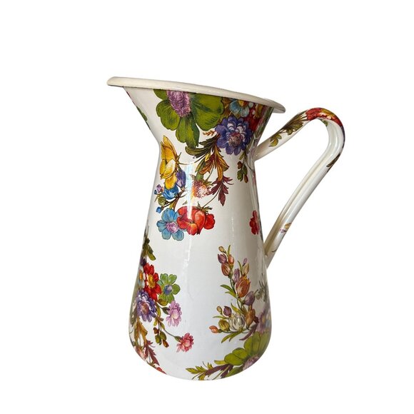 Mackenzie-Childs White Flower Market Large 12 Inch Tall Practical Enamel Pitcher - Picture 1 of 8
